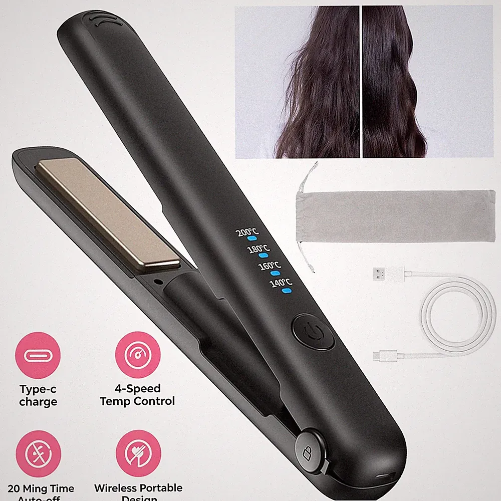 2 In 1 Mini Glätteisen Kabellos Lockenstab Haarglätter Straightener Lockenstab