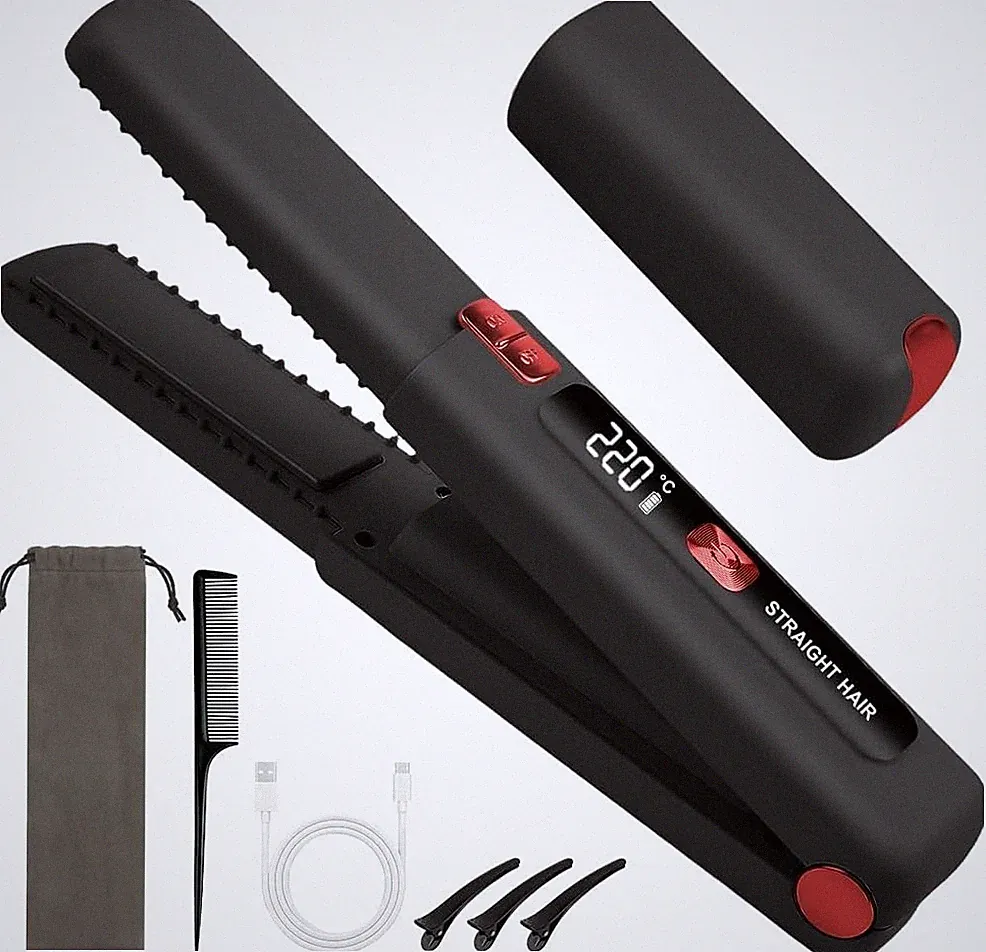 2in1 Keramik Haarglätteisen 4500mAh Kabellos LCD Display Anti-Frizz Reise