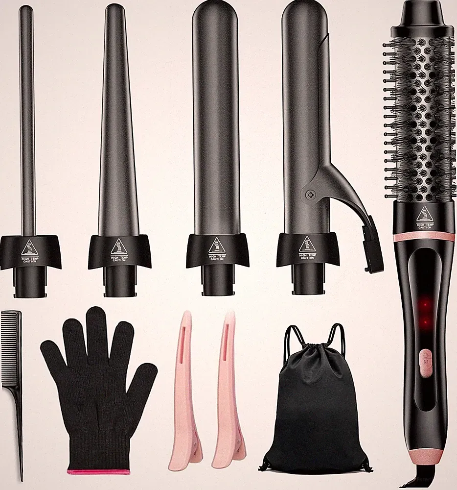 5 in 1 Lockenstab, Schnellaufheizende Thermischer Bürste mit 4 Keramik Barrels