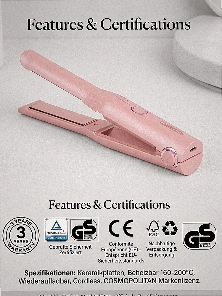 Akku Mini Glätteisen Kabellos Haarglätter Keramik Reiseglätter Tragbar Pink
