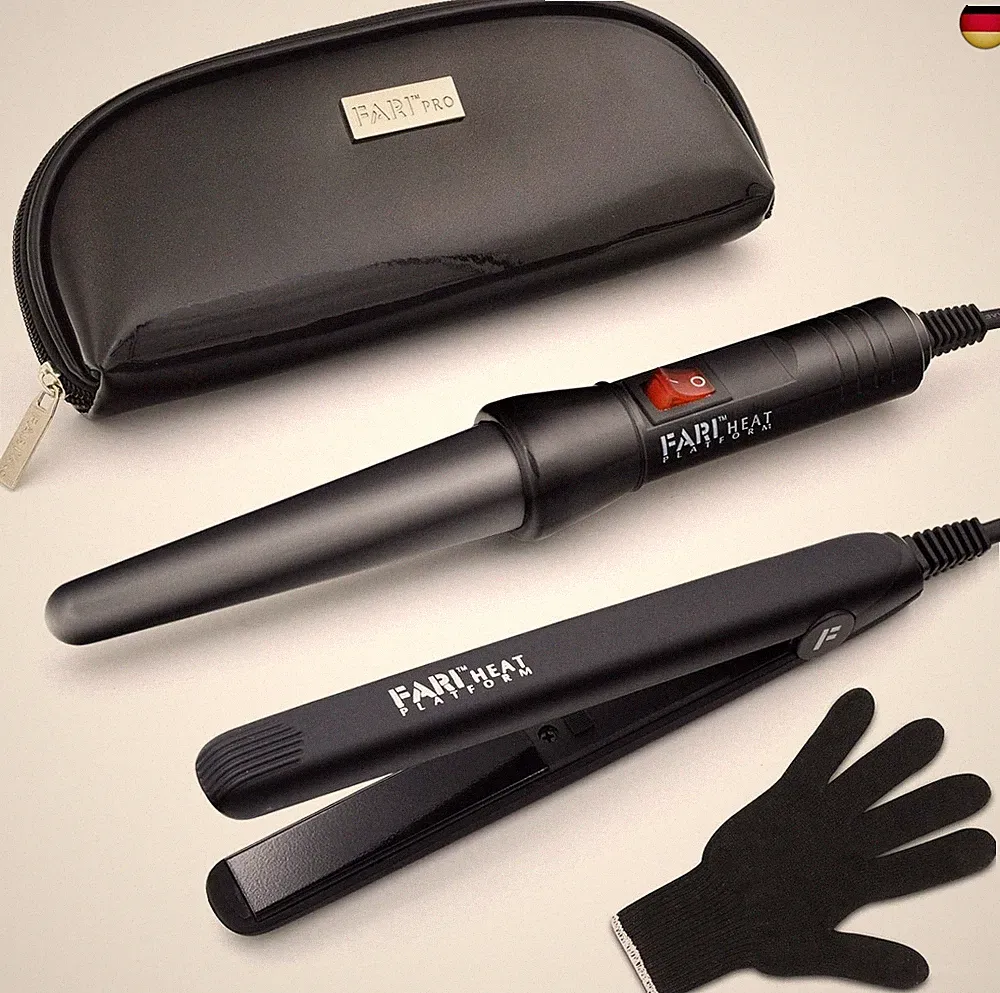 FARI Reise Lockenstab und Mini-Glätteisen 2 in 1 Kit, Keramik Turmalin