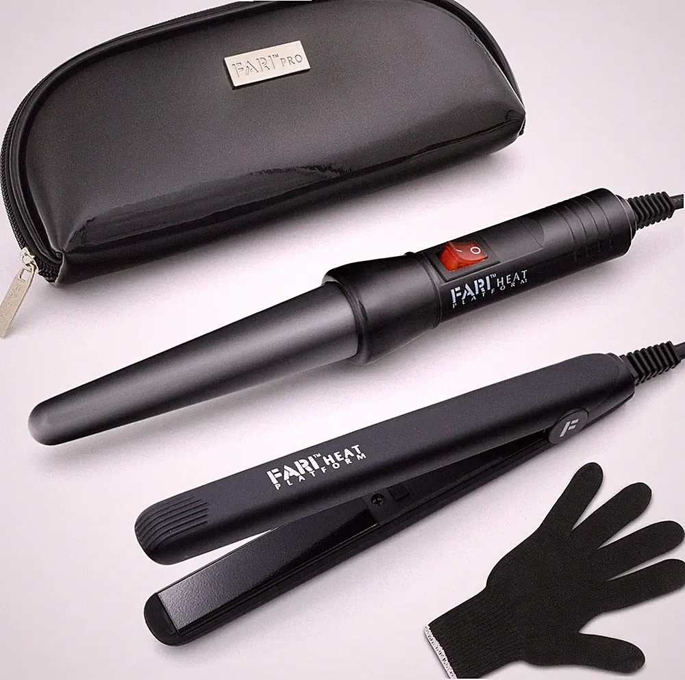 FARI Reise Lockenstab und Mini-Glätteisen 2 in 1 Kit, Keramik Turmalin