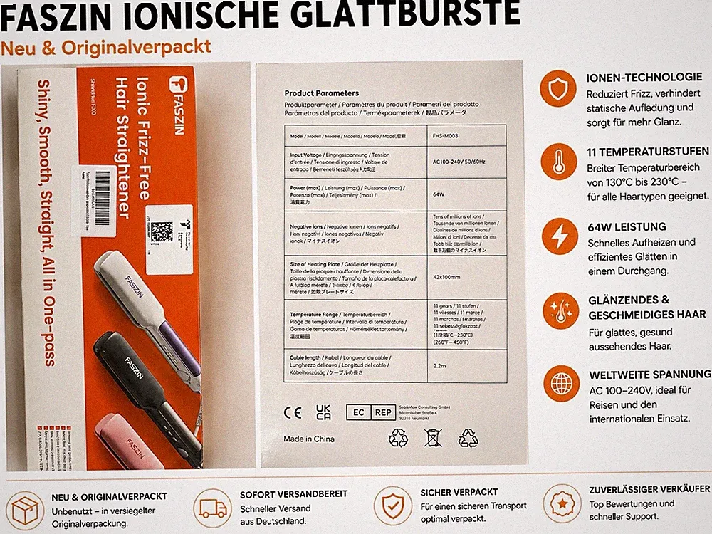 FASZIN FHS-M003 Glätteisen ionisch 11 Stufen 230°C 64W Schnellaufheizung