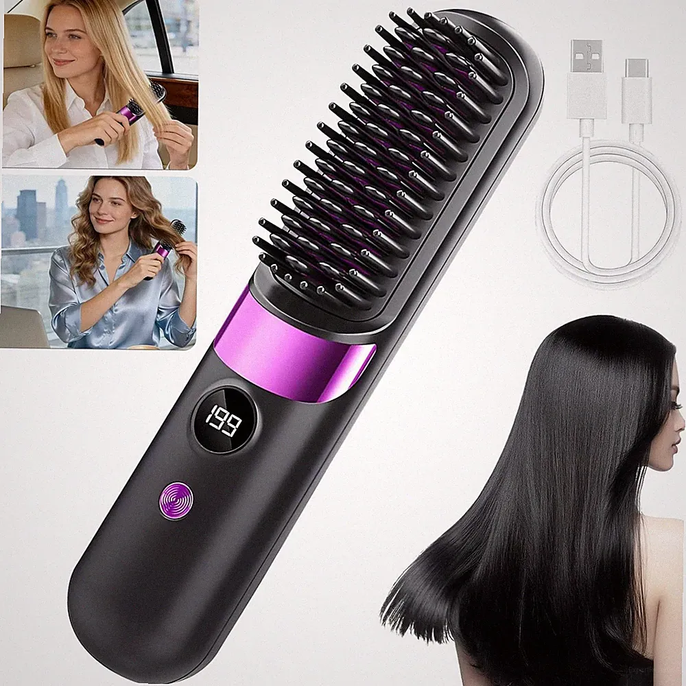 Glättbürste für Haare Mini Glätteisen Kabellos Glättungsbürste 4Temperaturstufen