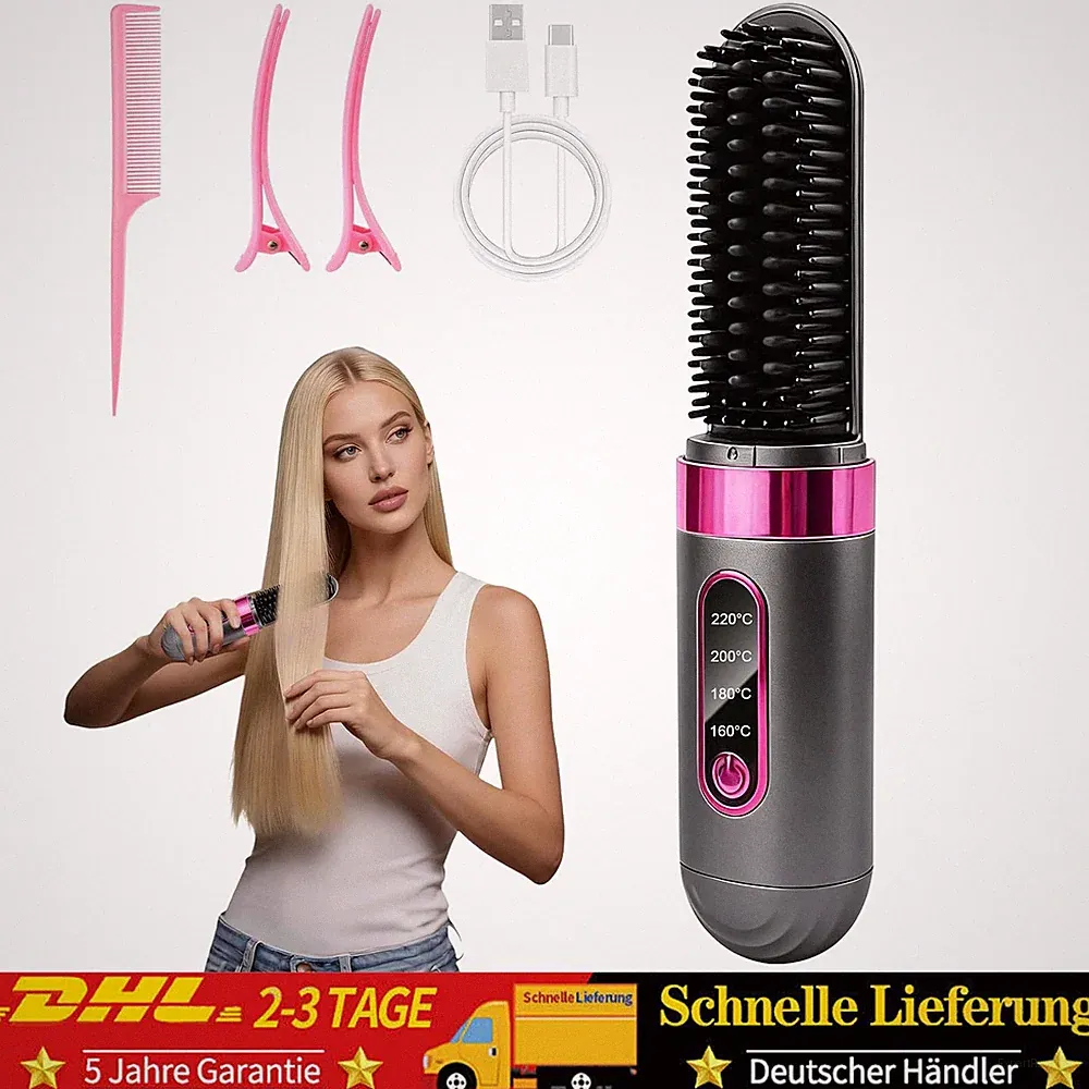 Glättbürste Kabellos Mini Glätteisen Haarglättungsbürste mit 4-Stufen Temperatur