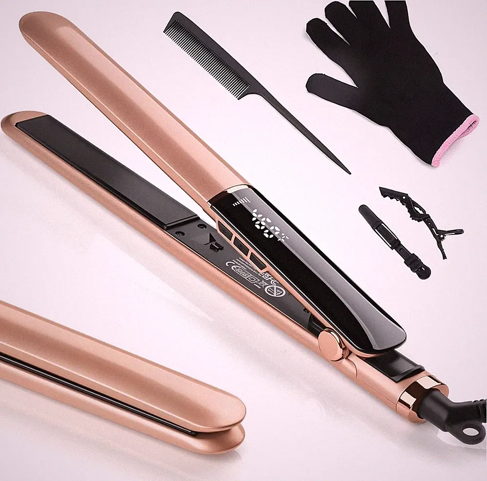 Glätteisen 2-in-1 für glattes Haar, Locken, Dual-Spannung, 150°C-230°C, Roségold