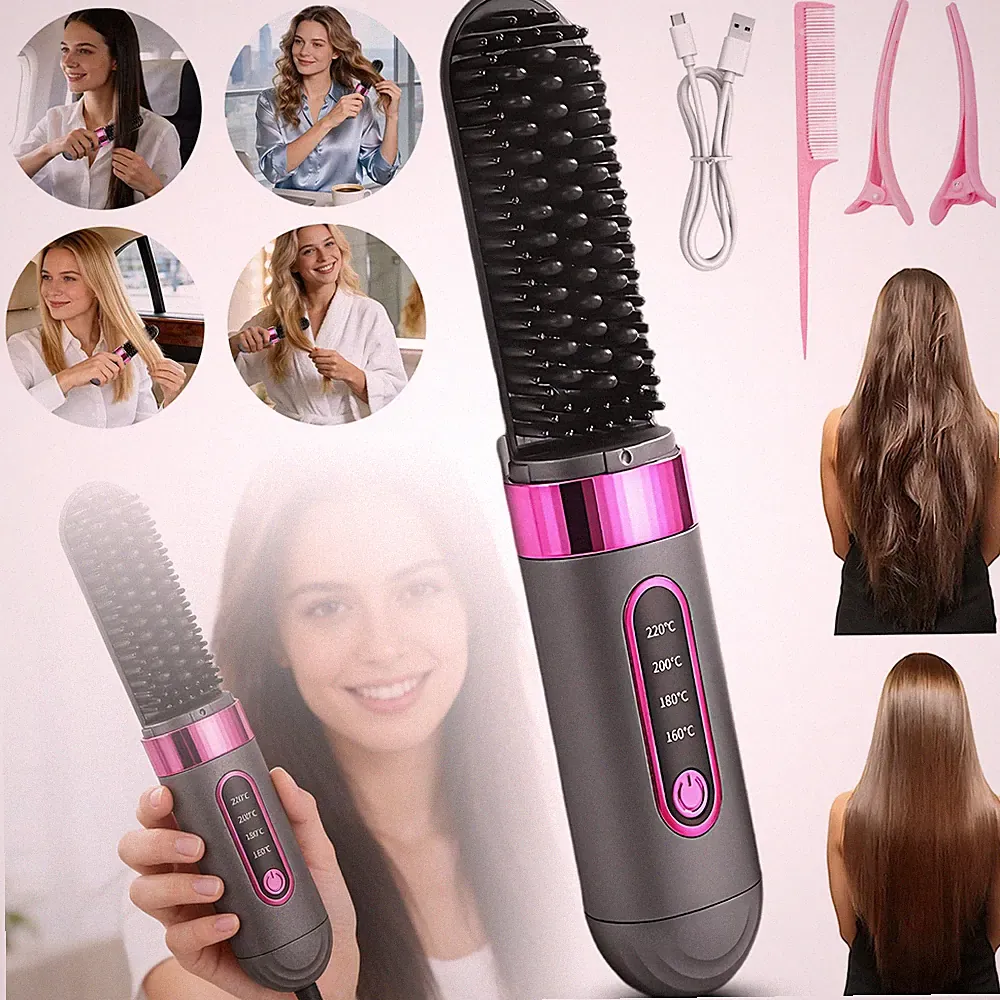Glätteisen Kabellos Glättungsbürste 2 IN 1 Glättbürste Kabellos für Locken