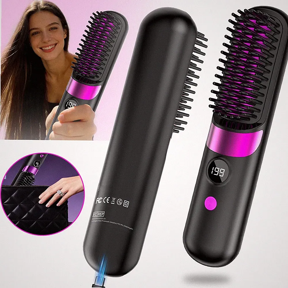 Kabellose Glättbürste Tragbar Bürste Glätten Mini Glätteisen Haarglättungsbürste