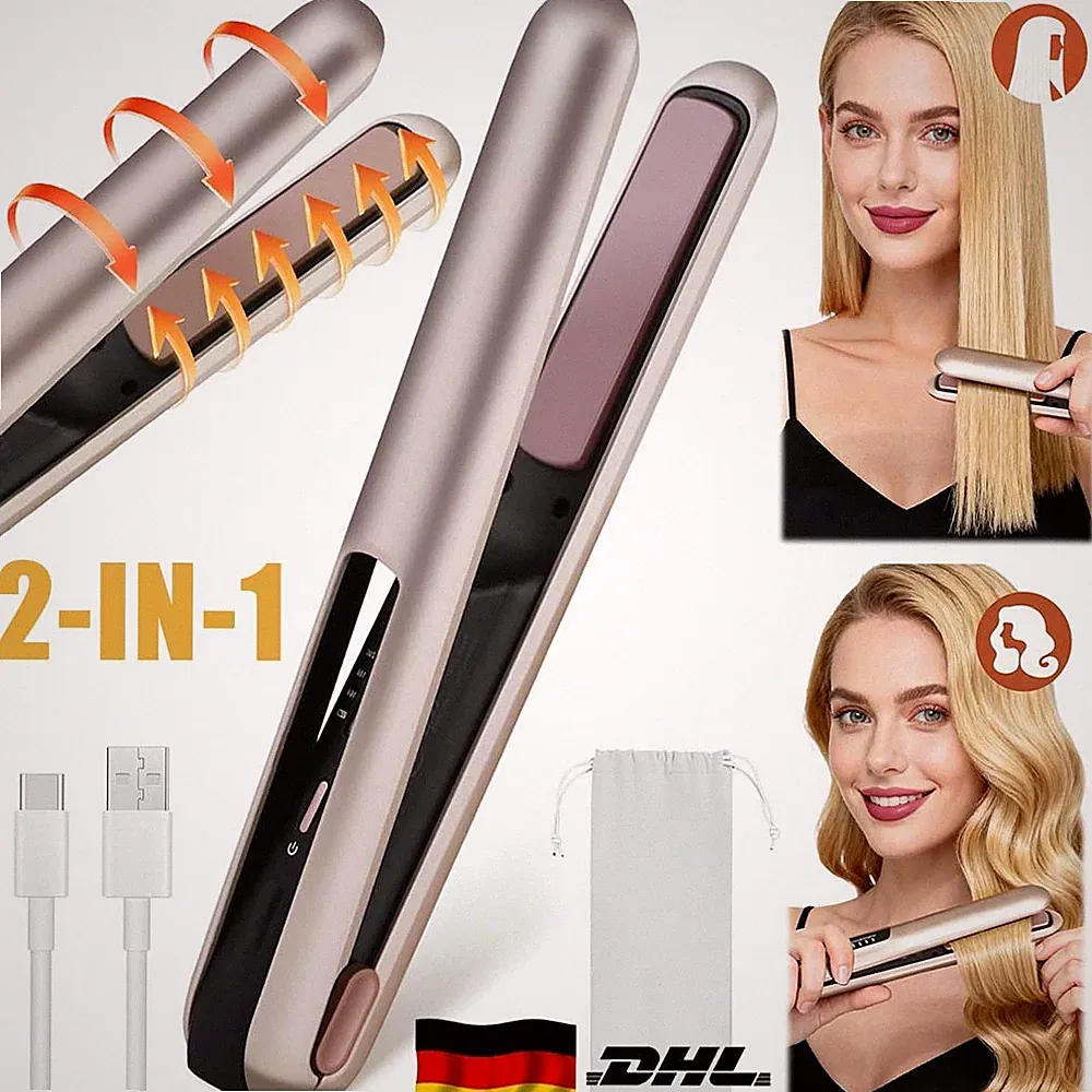 Kabelloser Curl Straight Lockenstab Haarglätter Glätteisen Lockenwickler 2in1