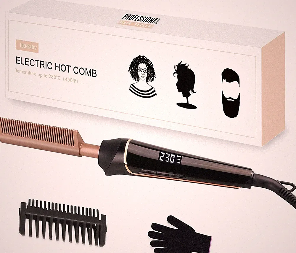 Keramik Haarglätter Kamm 230°C, Afro Haar/Bart/Lace Perücke Glätteisen mit HD...