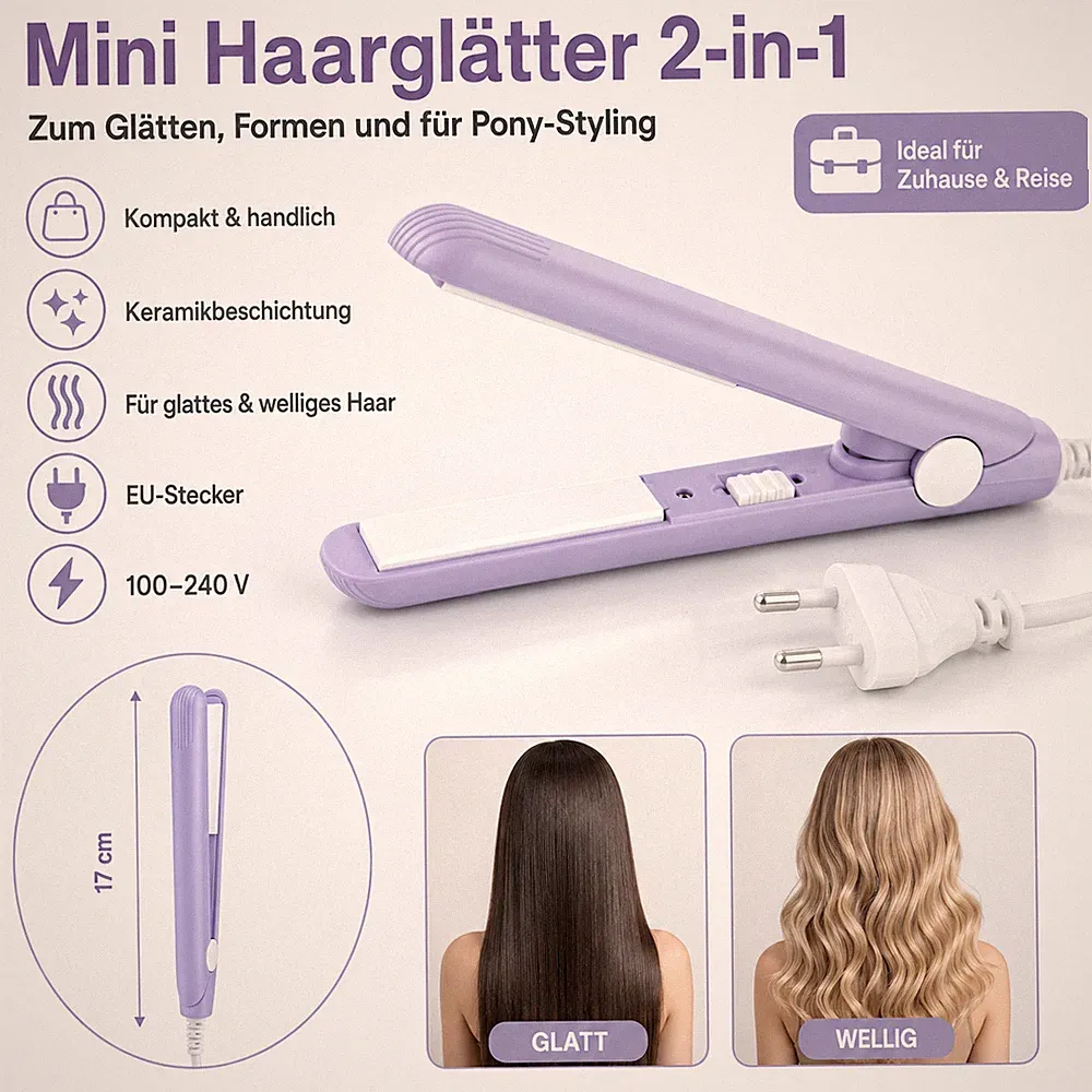 Mini Glätteisen Lila Reise Haarglätter Keramik 2in1 Lockenstab Kompakt