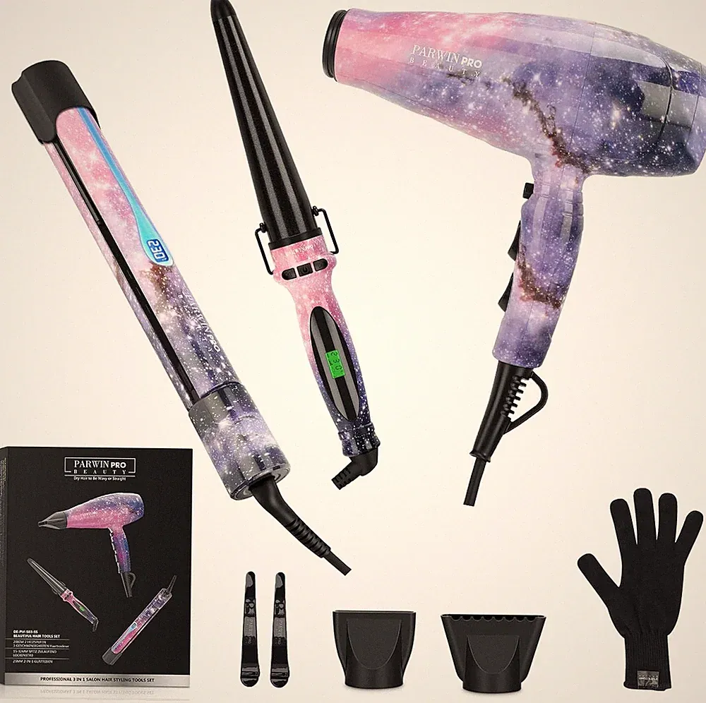 PARWIN PRO BEAUTY 3 in 1, Föhn Glätteisen Lockenstab, Styling Set, Ionen Haartro