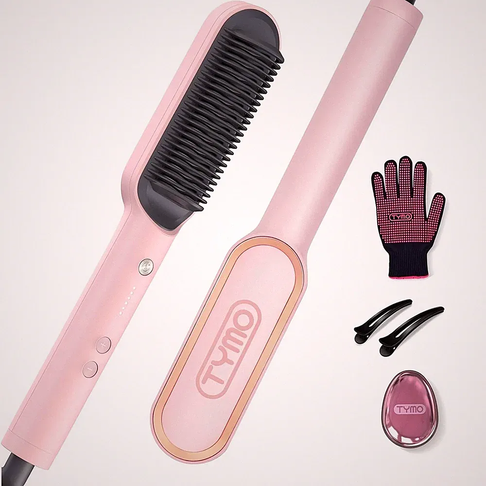 TYMO RING Glätt-Bürste, Haar-Glätter - Keramik Glätteisen und Haarbürste, Rosa